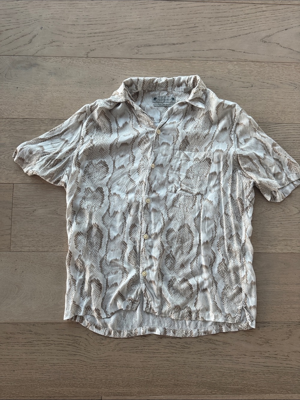 AllSaints Short-Sleeve Snake-Print Button-Down in Beige and Cream